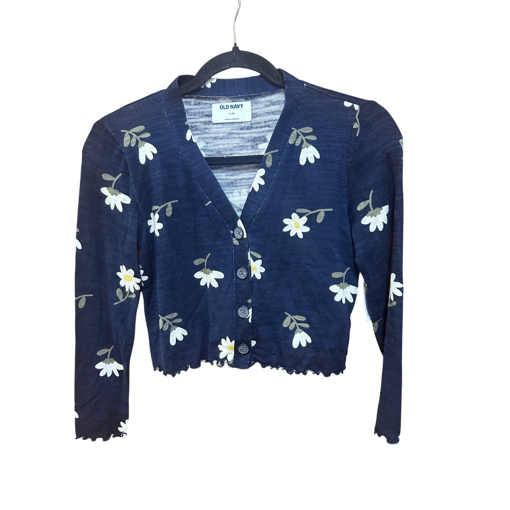 Old Navy Kids Navy Blue Floral Daisy Lettuce Edge Cropped‎ Cardigan Sweater M 8